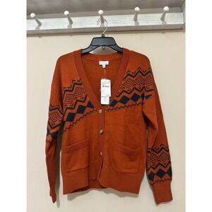 New Olivia Sky Women's Burnt Orange and Navy V Neck Cardigan with Pockets Size s